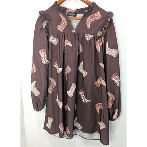 The Refinery Dress All Over Cowgirl Boot Print Mini Dress Size S Cowboy Ruffle